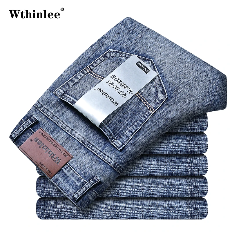 Business Men's Jeans Casual Straight Stretch Fashion Classic Blue Work Denim Trousers Male WTHINLEE