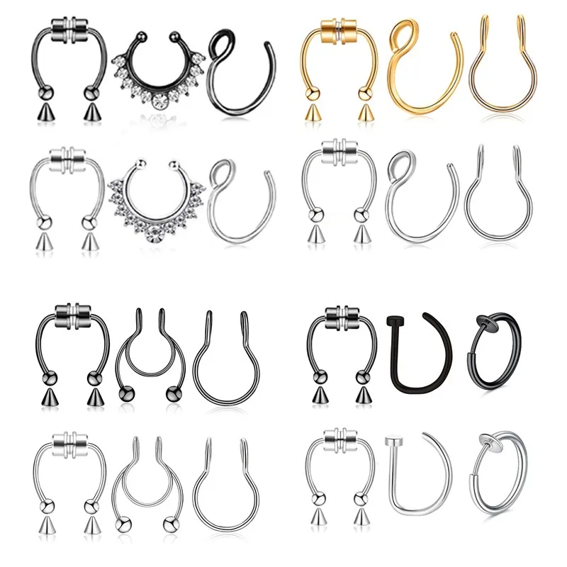 3Pcs Fake Nose Ring Magnetic Septum Ring Fake Nose Ring Hoop Stainless Steel Horseshoe Clip On Nose
