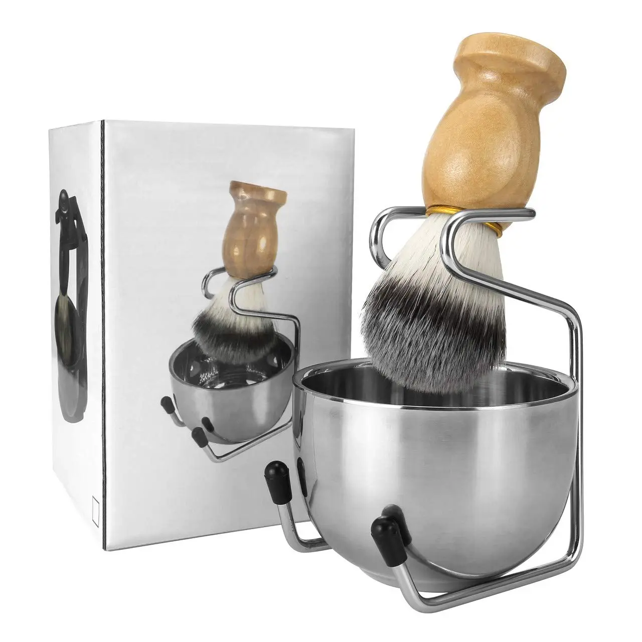 Mens Shaving Brush and Bowl Set, 3-in-1 Shaving Brush Kit Wood Handle with Stainless Steel Shaving