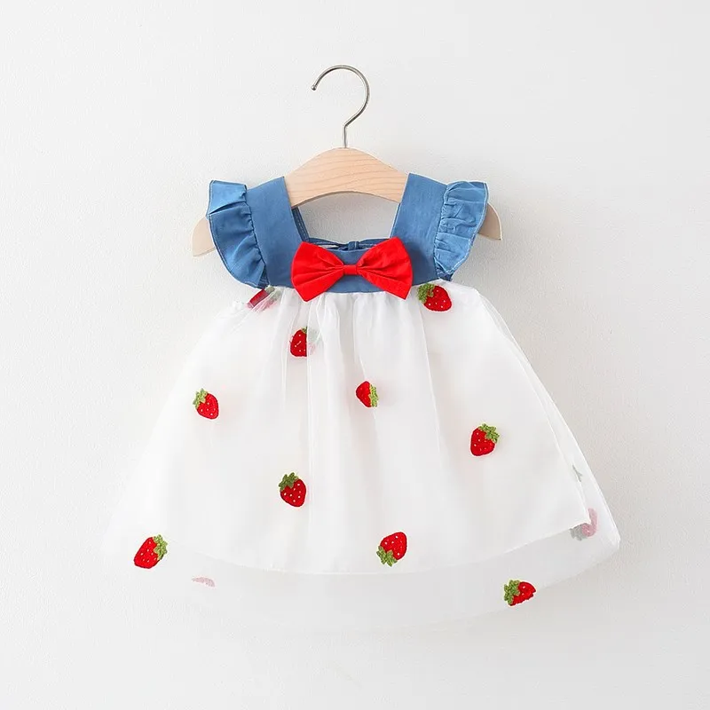 Summer New Girls' Little Flying Sleeve Dress Children's Bow Strawberry Embroidery Mesh Spliced Denim