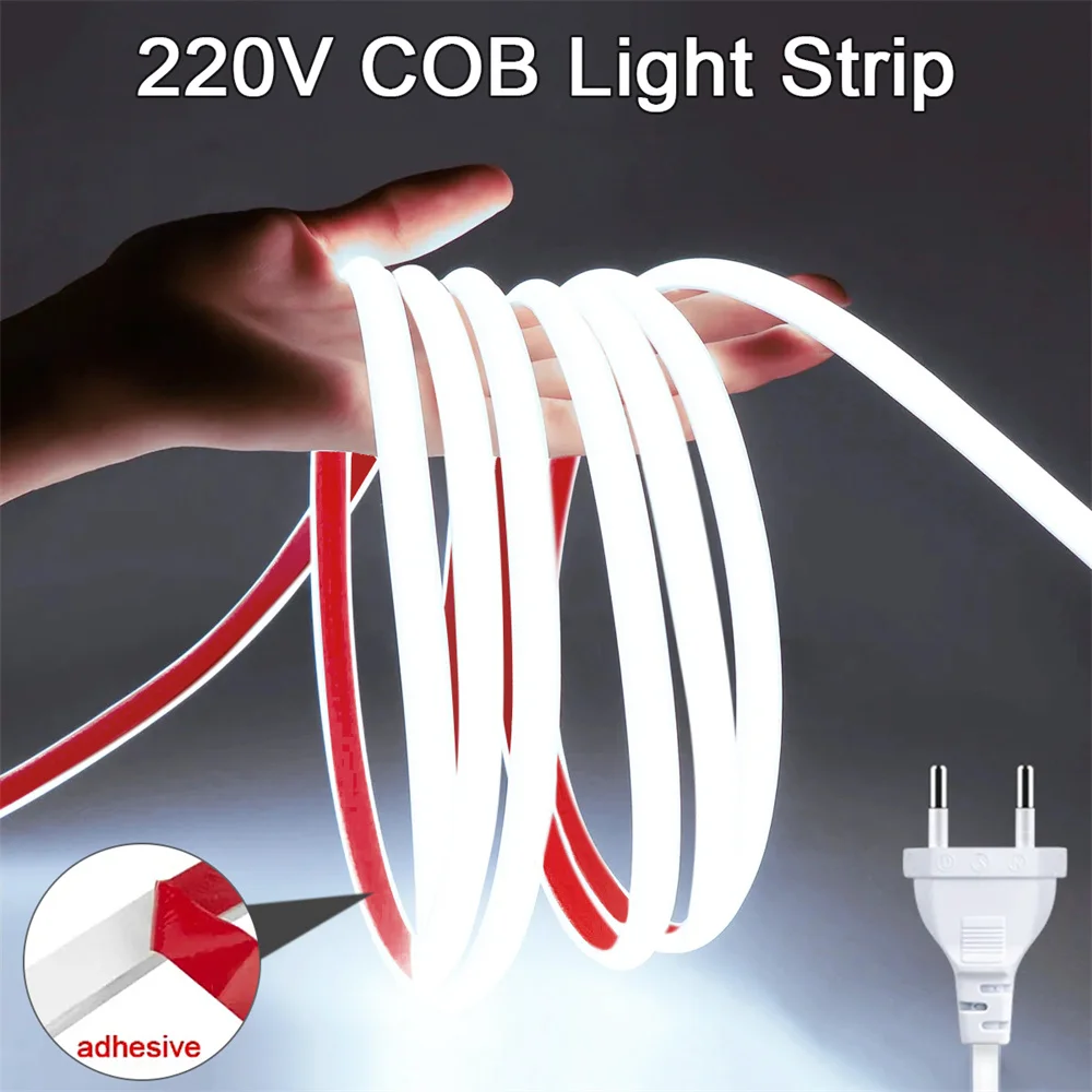Led Strip Lights 220V High Brightness COB Led Strip IP65 Waterproof Adhesive Flexible Ribbon for