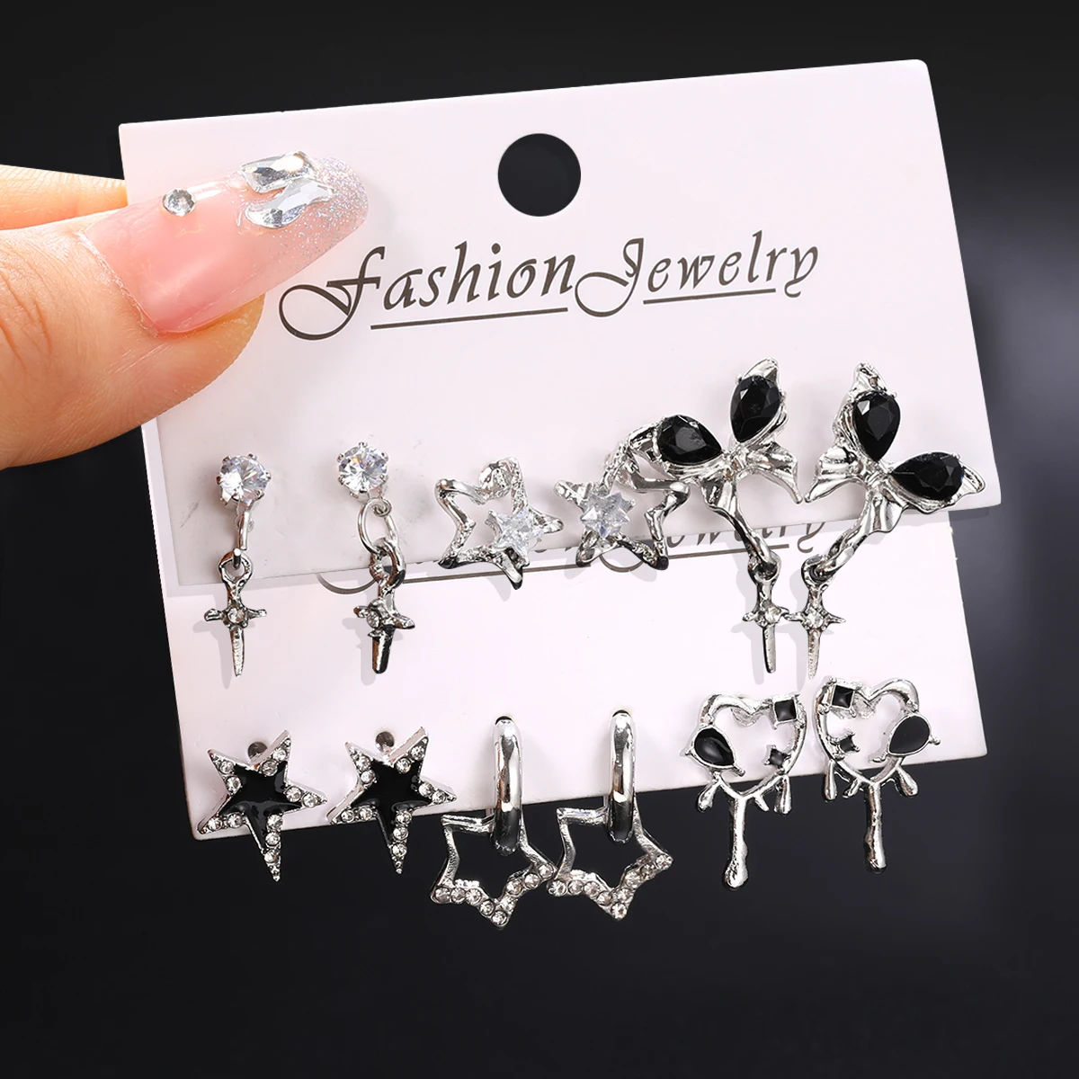 Goth Black Butterfly Crystal Star Earring Set For Women Girl Vintage Aesthetic Heart Stud Earring