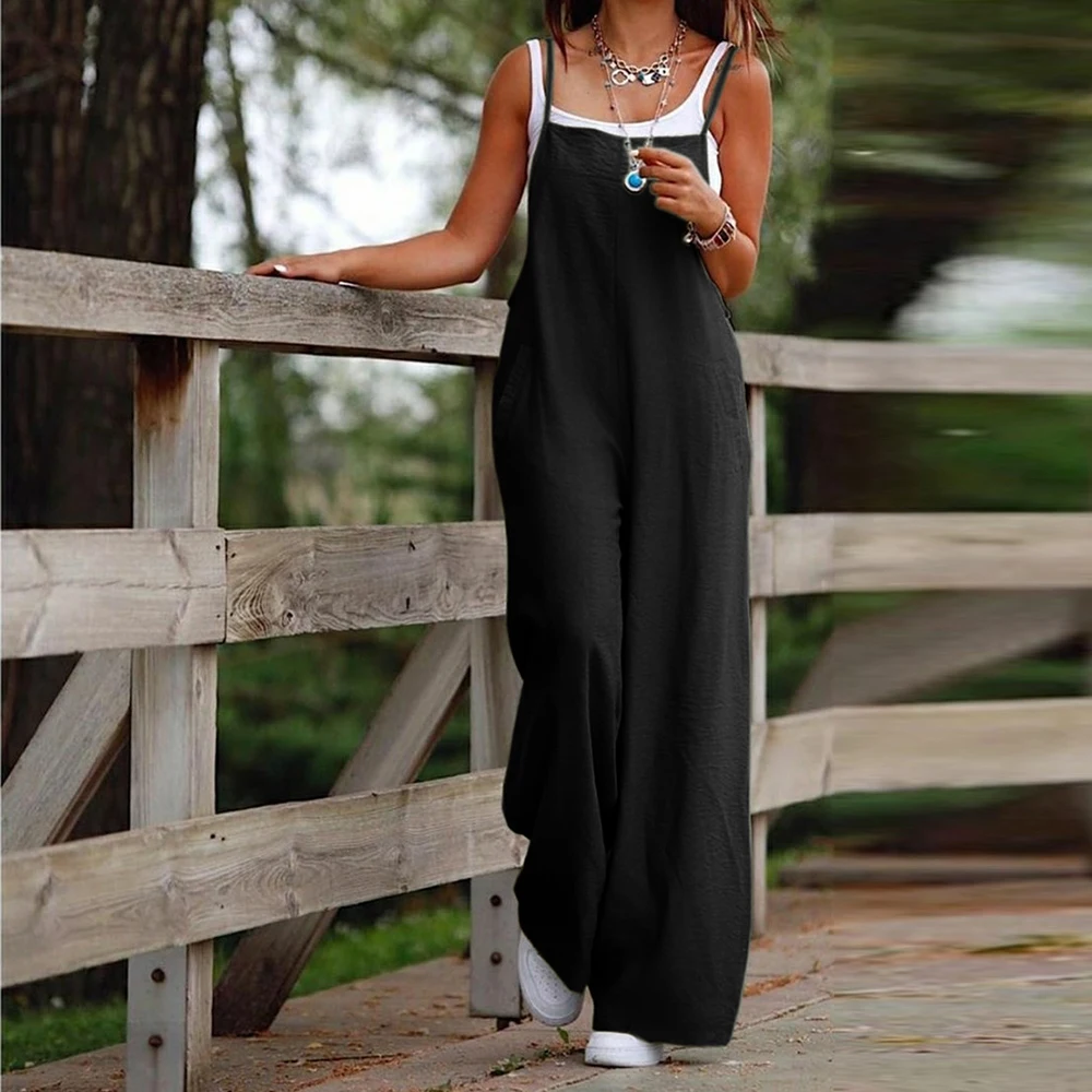 Plus Size Cotton Linen Overalls Pants Loose Wide -footed Casual Jumpsuit For Women Clothing