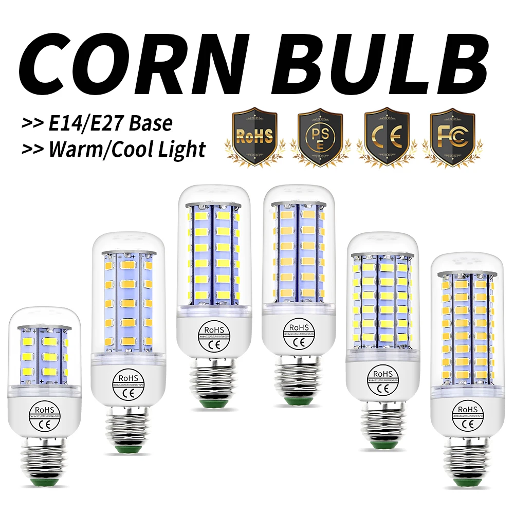 Lâmpada de milho LED branco quente, E27, E14, 220V, 240V, holofotes, candelabro para casa, sala de