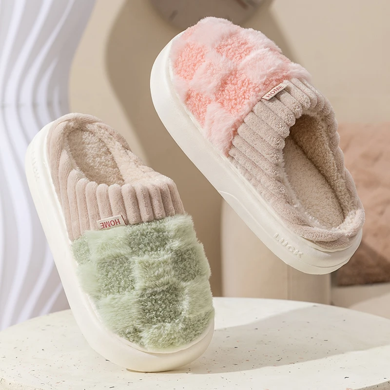 Fashion Couple Winter Toe Wrap Warm Plaid Cotton Slippers Thick Soft Sole Slides Men Women Indoor