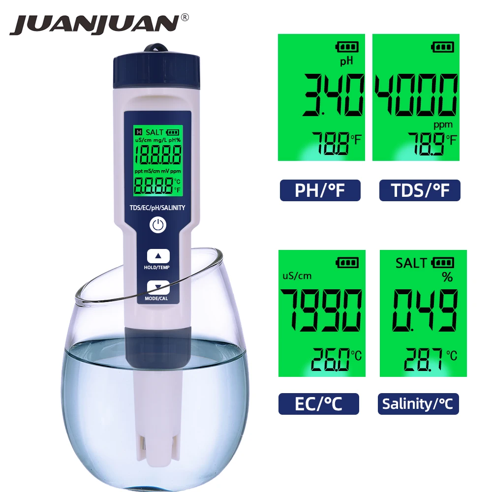 5 IN 1 PH Temperature TDS EC Salinity Meter Digital Waterproof With Automatic Calibration Function