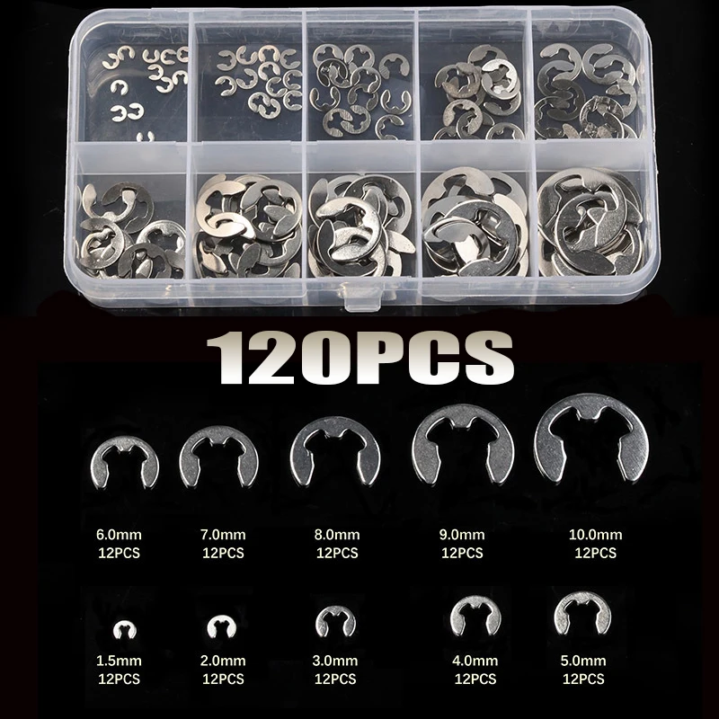 120pcs Assortment Kit 1.5-10mm Stainless Steel Shaft External Retaining Ring E Clip Snap Circlip