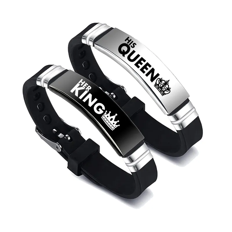2 Pcs/Set His Queen Her King Couple Bracelet Stainless Steel Adjustable Silicone Strap Bangle