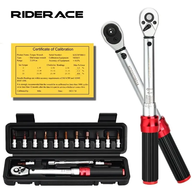 RIDERACE Bicycle Torque Wrench Set 15Pcs 1/4" 2-24Nm Dual Direction Bike Allen Key Tool Socket