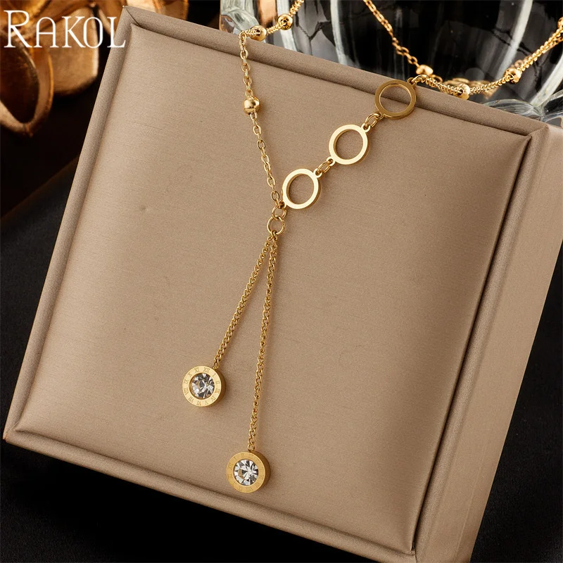 RAKOL Stainless Steel Roman Numerals Necklace for Women Gold-Color Fashion Zircon Long Pendant