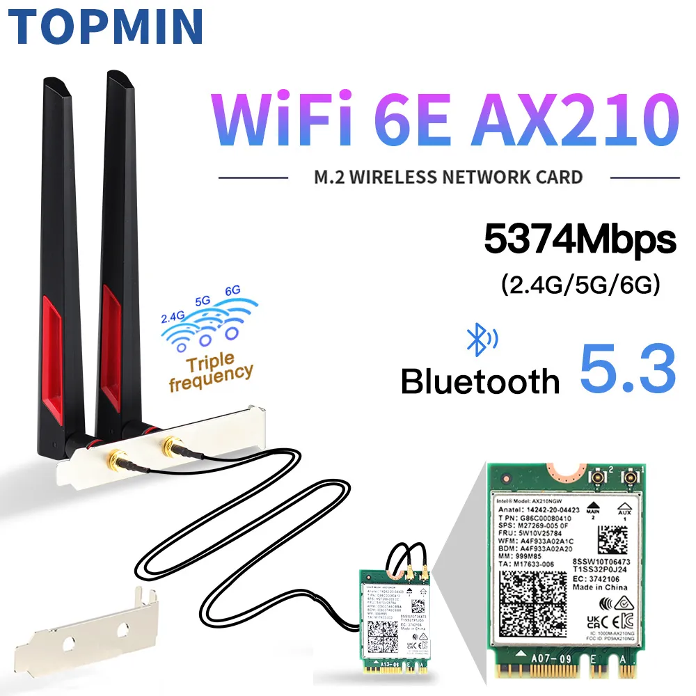 Wifi 6E Intel AX210 5374Mbps Tri Band M.2 Wifi Wireless Card Bluetooth 5.3 802.11ac/ax AX210NGW With