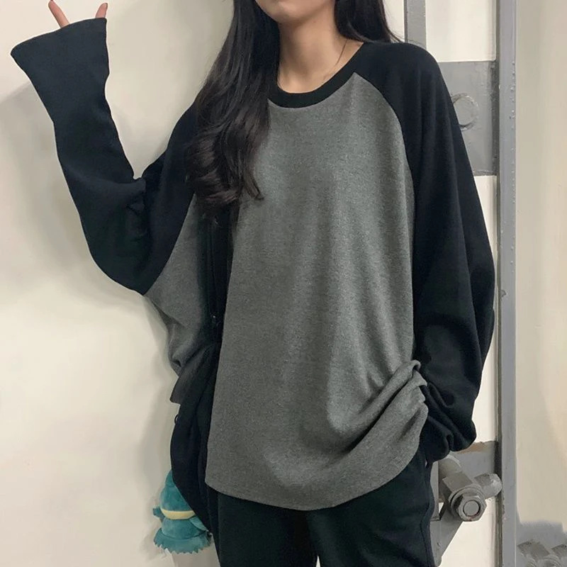 New 2023 Female T-shirt Grey O Neck Contrast Color Long Sleeve T Shirt Loose Autumn Tee Tops for