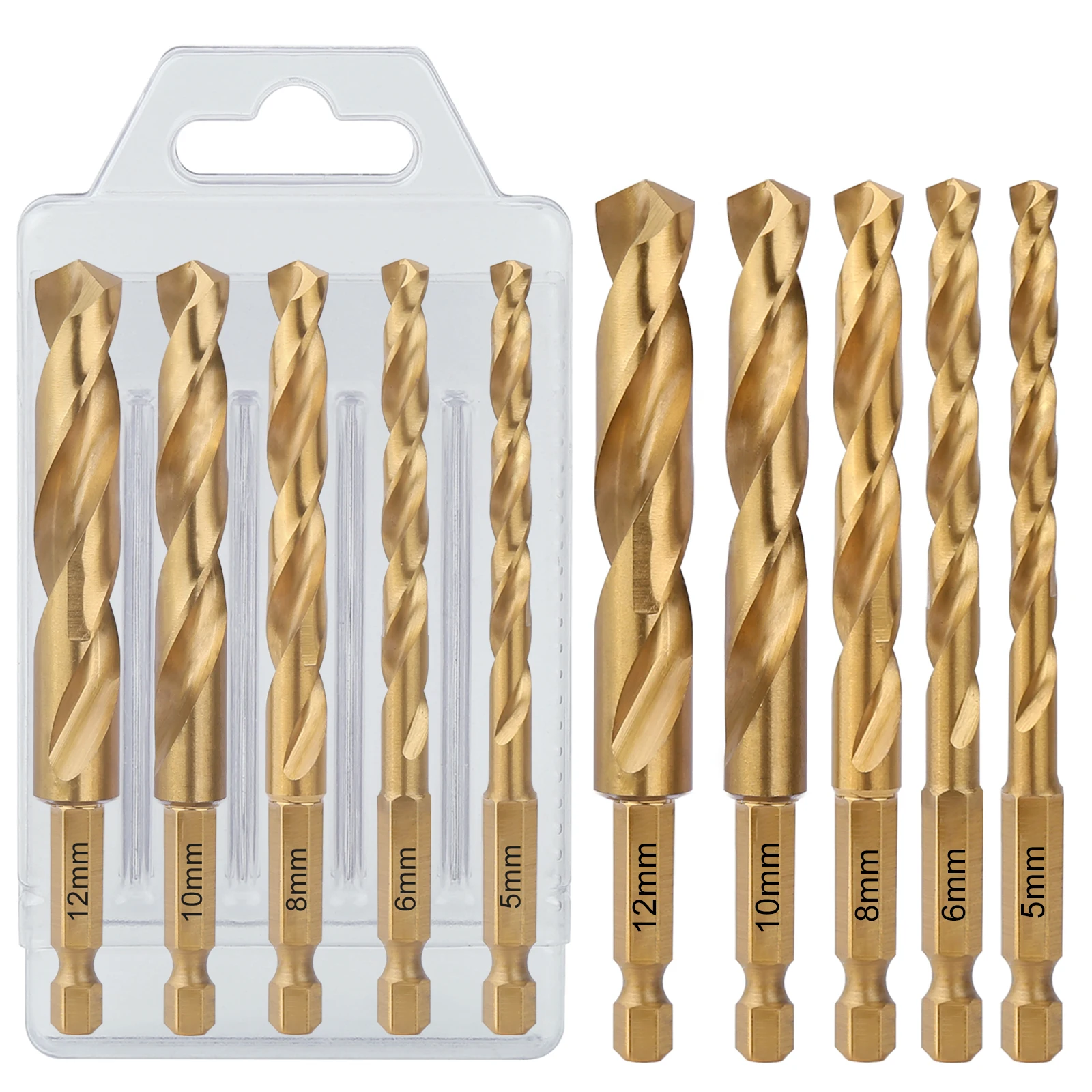 5PCS/Set 5/6/8/10/12mm HSS M2 Metric Titanium Coated Straight Shank Twist Drill Bit 100mm With