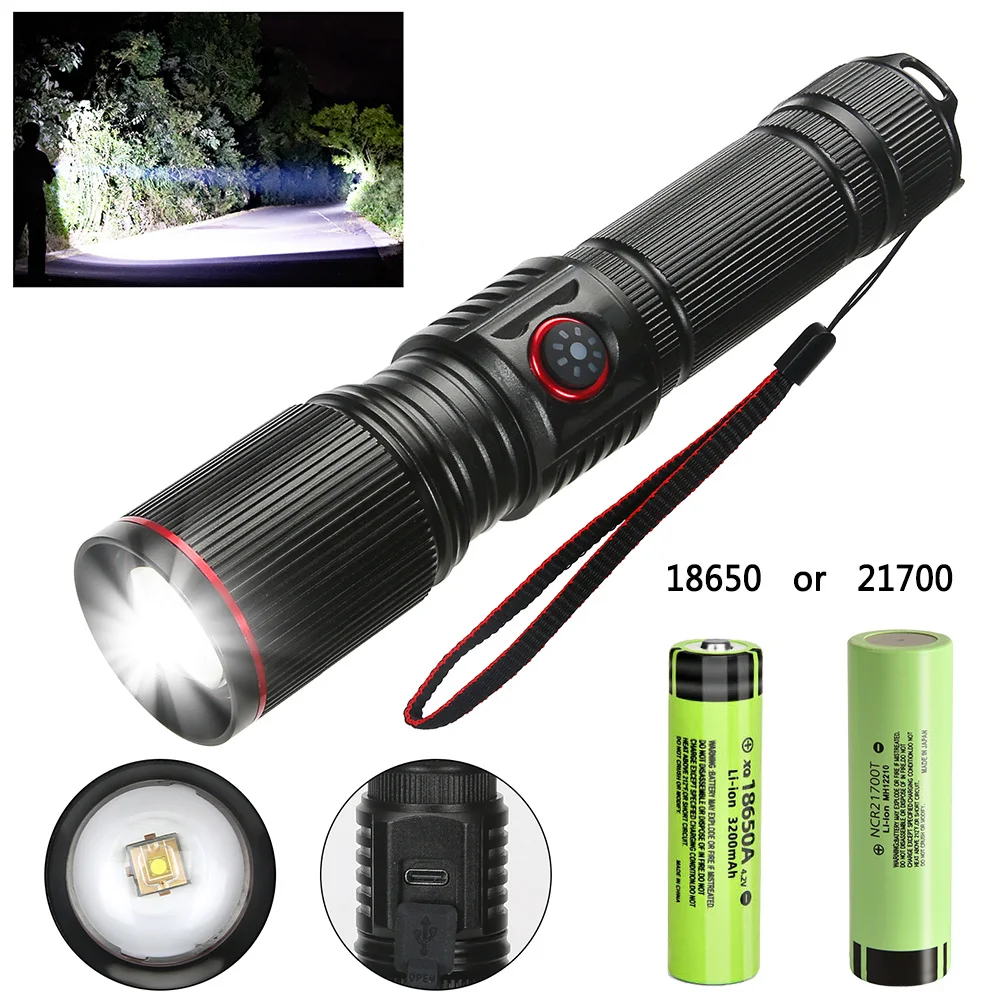 Aluminum Alloy White Laser Powerful LEP Flashlight 18650 or 21700 Battery Zoom Torch Light Lamp with