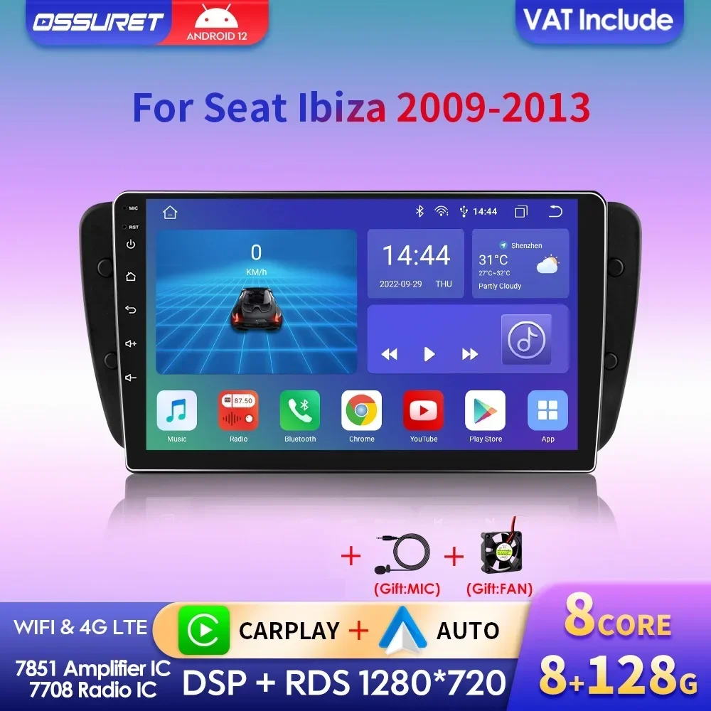 9 "Carplay Bildschirm Android 12 Auto Radio für Seat Ibiza 6j 2009 2010-2013 Multimedia Player AI