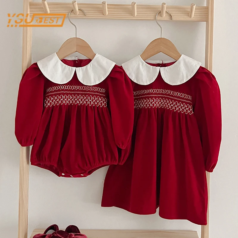 Infant Kids Baby Girls Long Sleeve Sweet Solid Color Sisters Dress Newborn Baby Girls Doll Collar