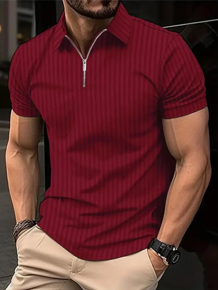 Summer Men Stripe Fashion Short Sleeve Lightweight Business Casual Polo Shirt Half Zip Solid Elastic