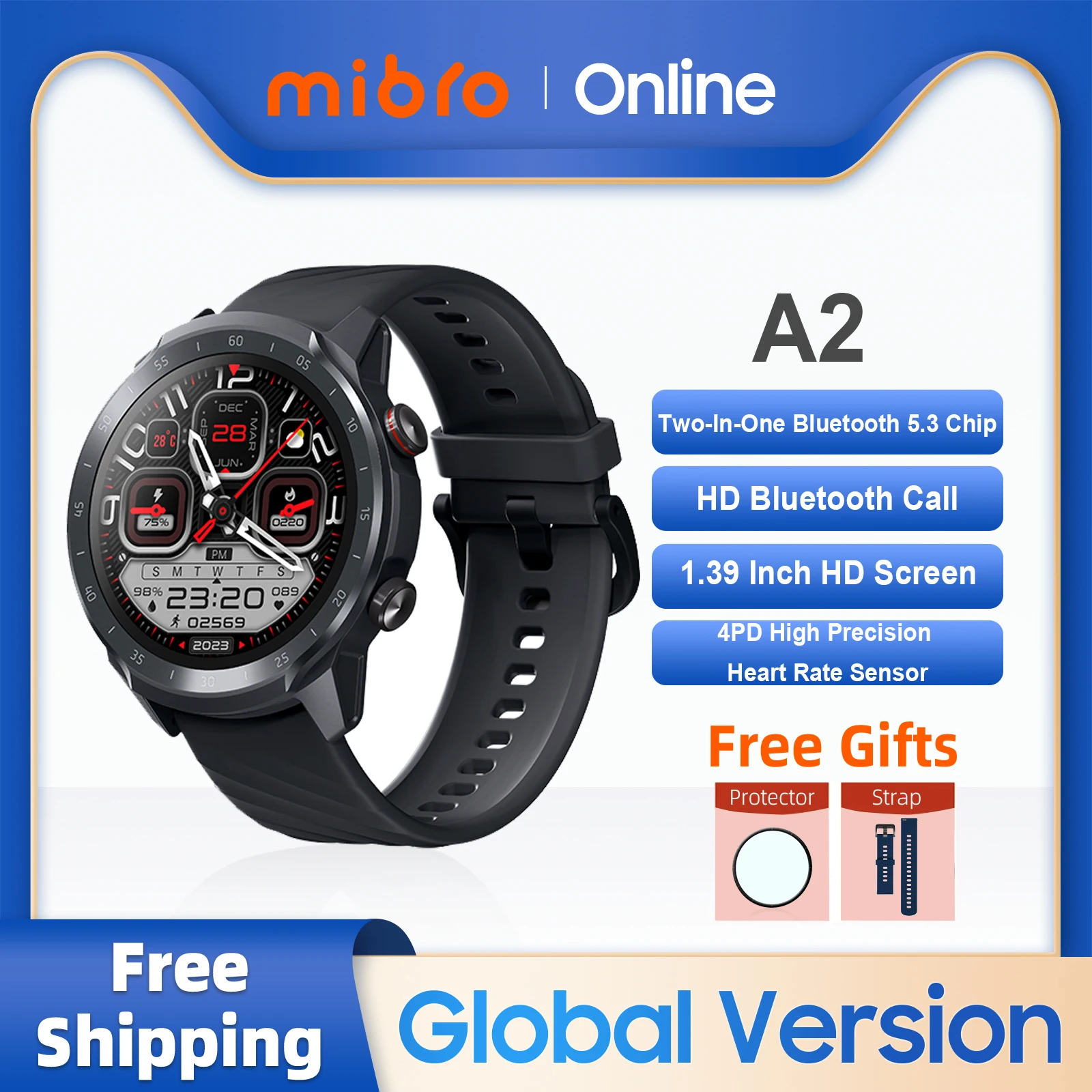 Mibro A2 Smartwatch Versão Global Bluetooth Chamada 1.39Inch HD Tela de Oxigênio Sanguíneo 4PD Alta