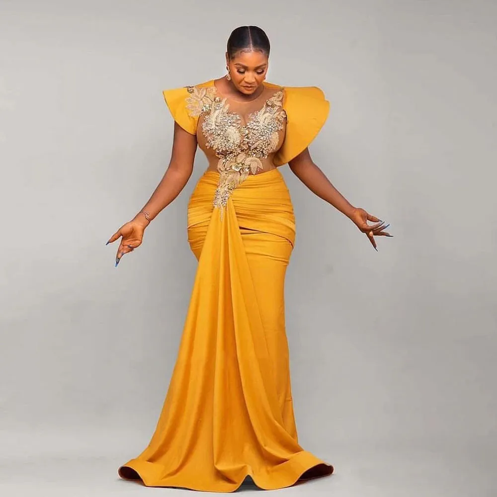 Aso Ebi Mermaid Prom Dresses For African Women Sheer Neck Cap Sleeves Appliques Beads Pleat Party