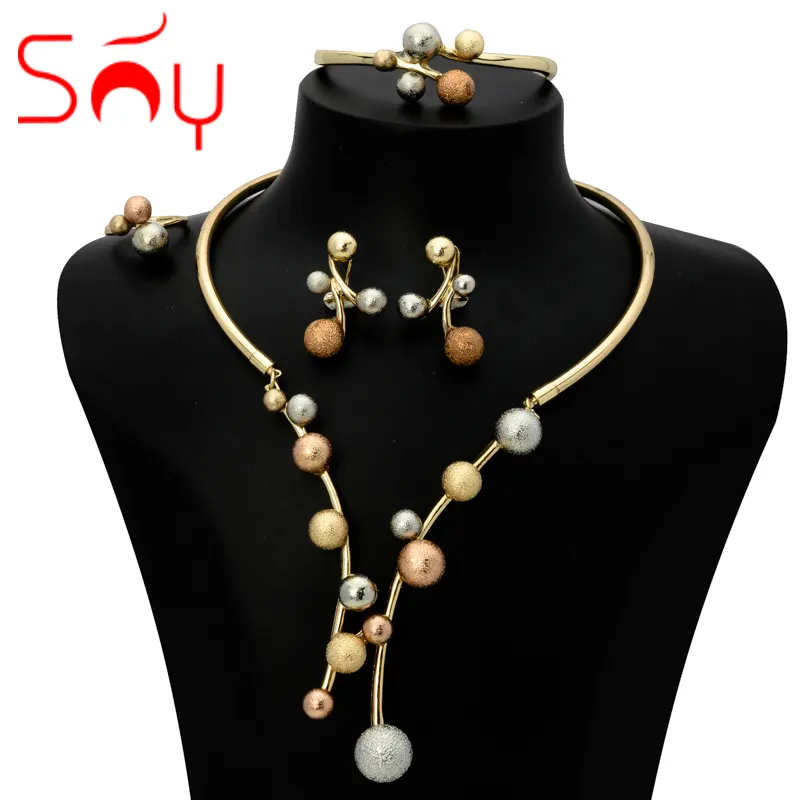 Sunny Jewelry Costume Set Lucky Ball Three Tone Earrings Necklace Bracelet Ring For Women Bridal