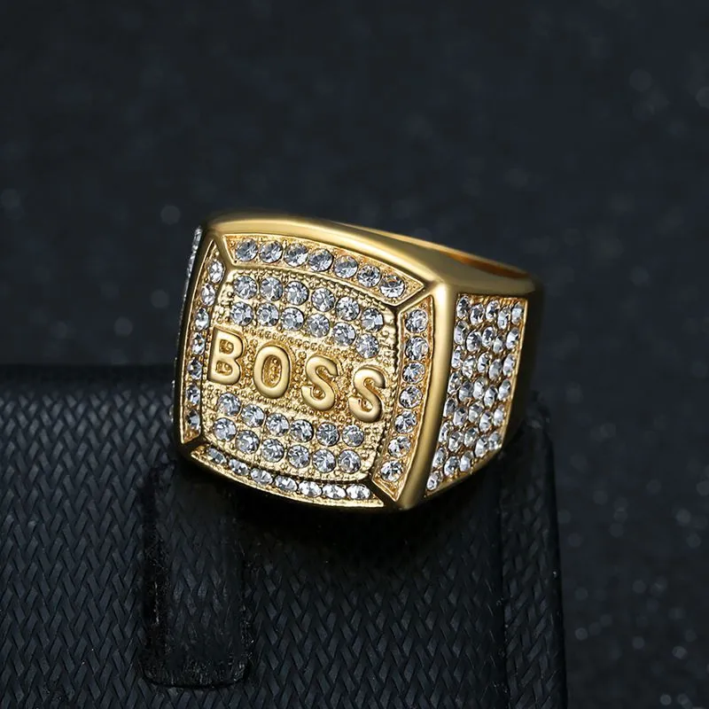 Stainless Steel Titanium Hip Hop Luxury Zircon Bling Iced Out BOSS Rings for Men Women Couple