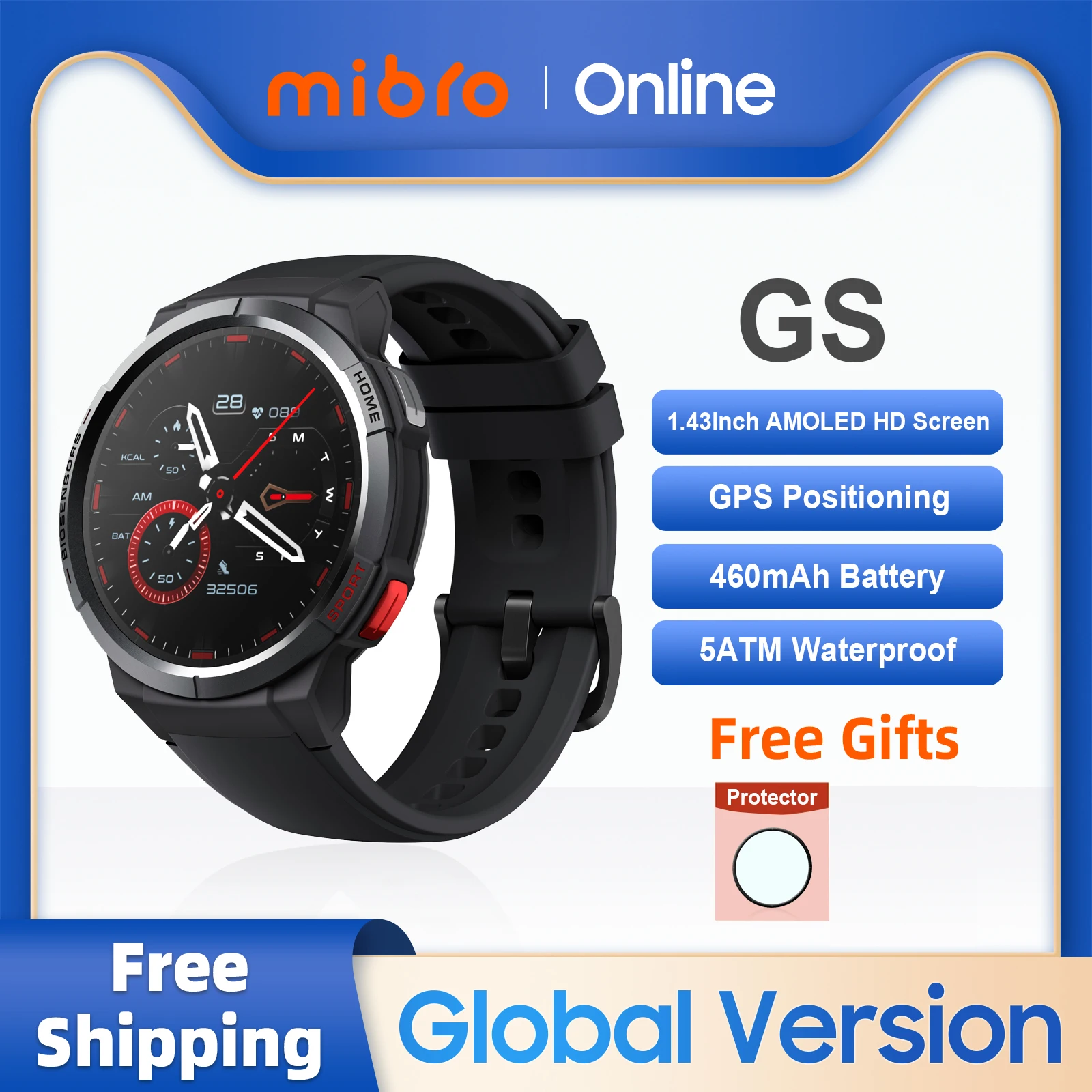Mibro GS Smartwatch GPS Posicionamento 460mAh Bateria AOD 1.43Inch AMOLED HD Tela 5ATM À Prova D'