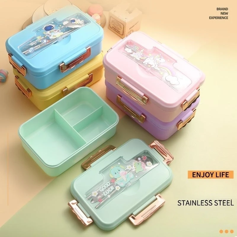 Bento Lunch Box for Kids Girls Cartoon Students Kawaii Cute Dinosaur Heated 3 Grid Sandwich Snack