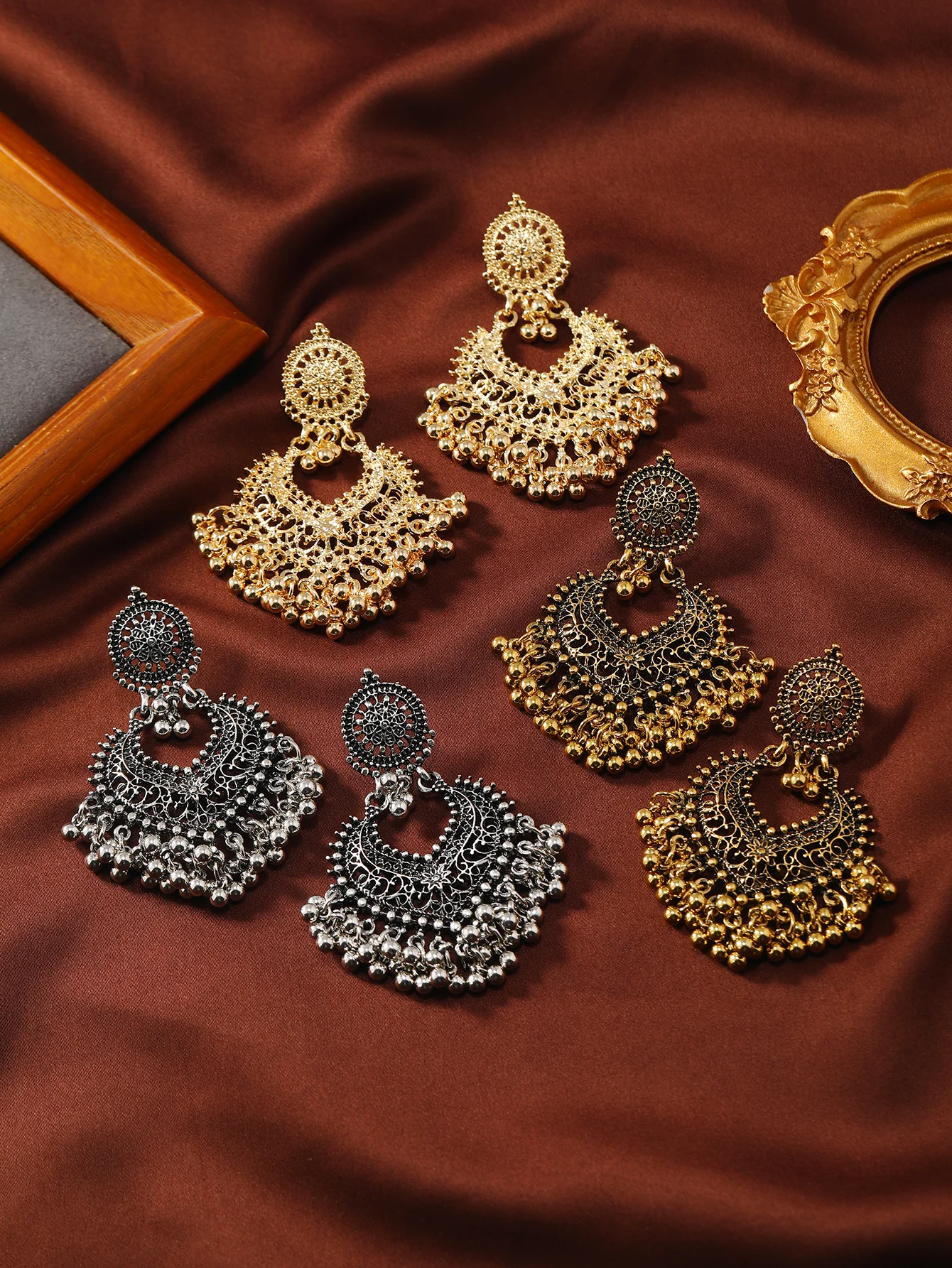 Retro Bohemian ethnic style earrings  exaggerated temperament  hollowed out love earrings  long
