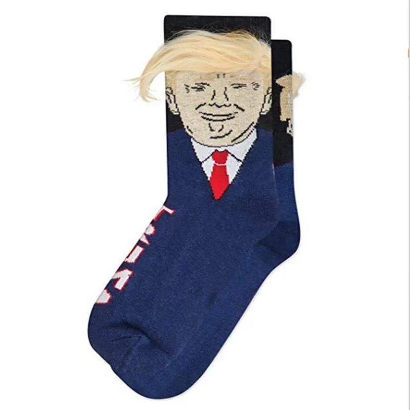 Spoof Funny President Donald Trump Socks With 3D Fake Hair Crew Socks Mens Compression Socks