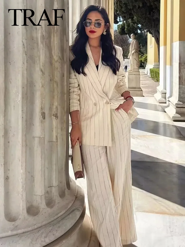 TRAF Women Fashion Autumn Coats Black And White Stripe Plus Size Double Breasted Office Lady Blazers