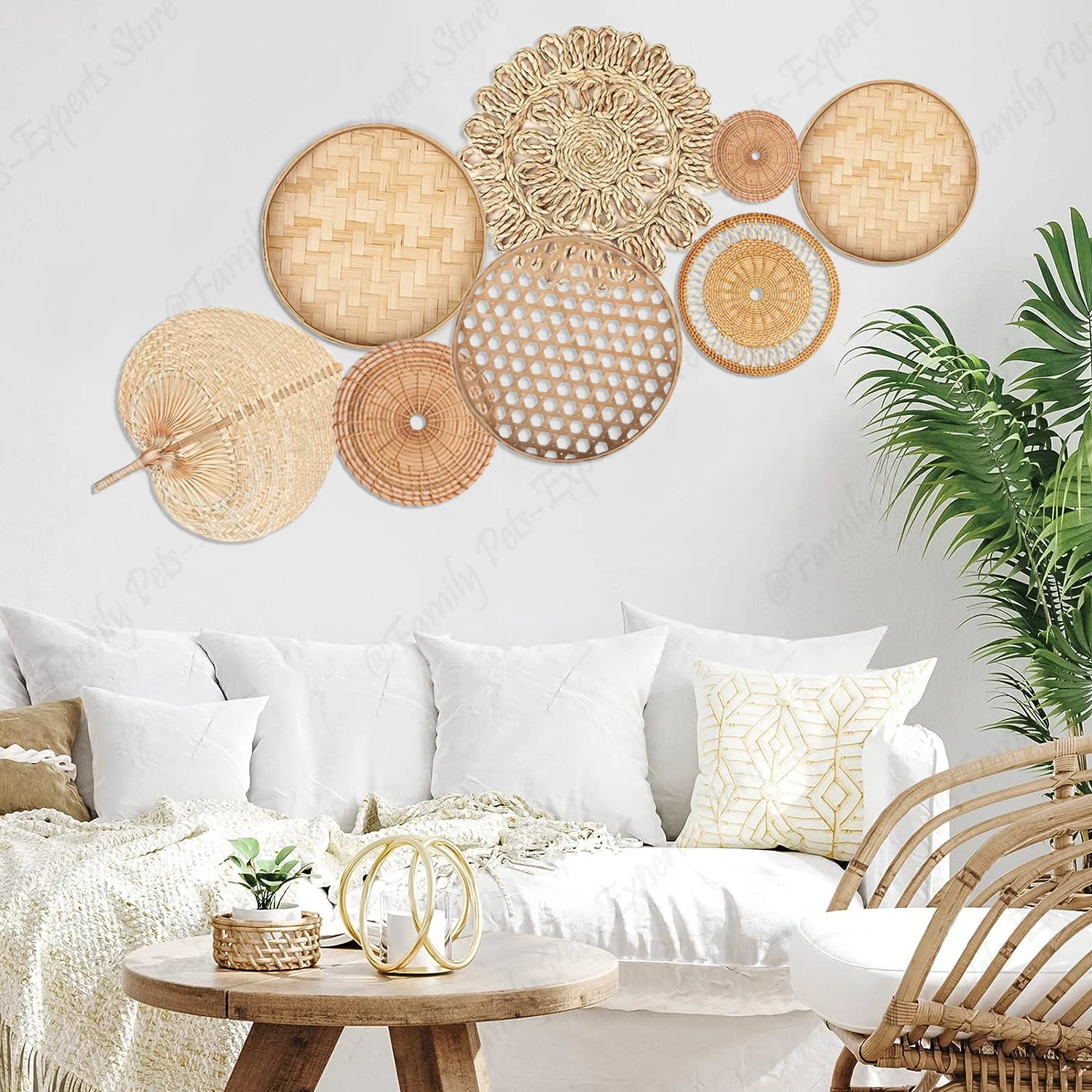 8pcs Natural Wall Basket Decor Boho Rattan Round Wall Decor Handmade Farmhouse Wall Hanging Decor