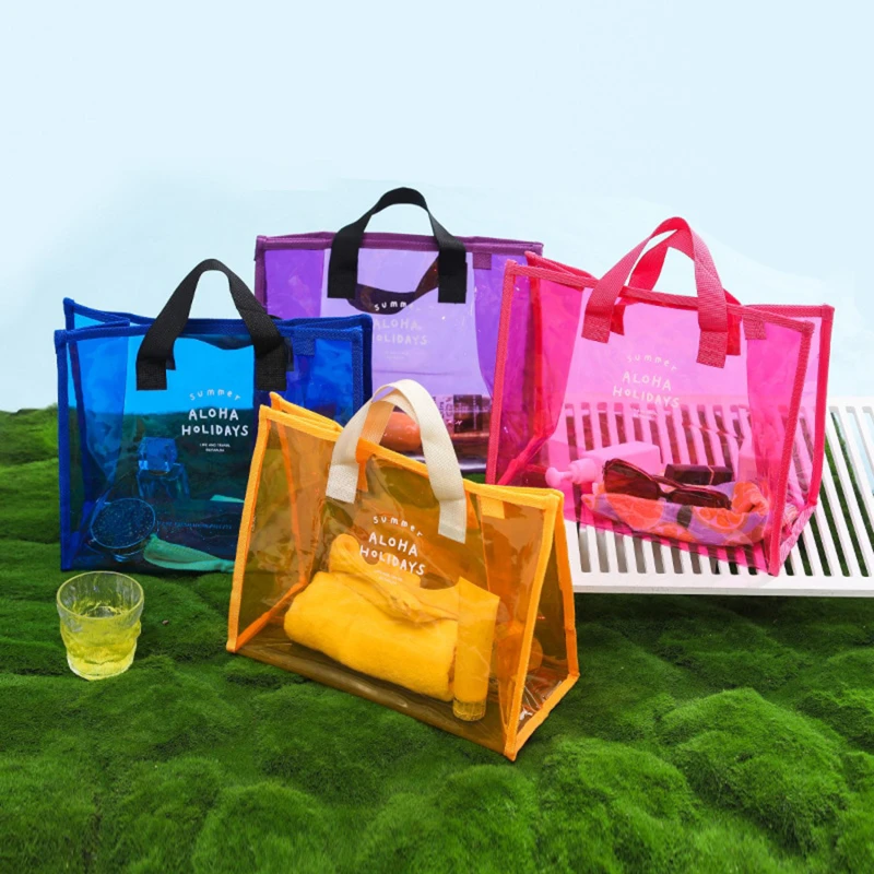 Trendy Summer Large Jelly Handbag Women Hot Pink Transparent Vinyl Beach Tote Shopper Bag Ladies