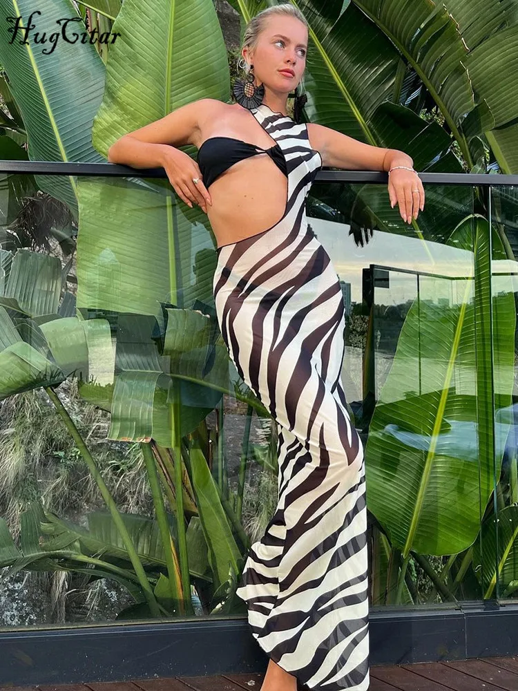 Hugcitar Mesh Sleeveless Striped Print Matching Color Hollow Out Sexy Maxi Dress Irregular Summer