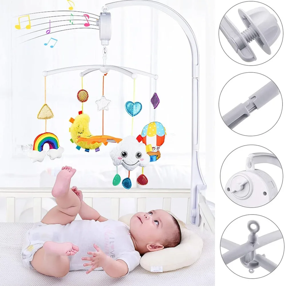 Baby Crib Mobile Bed Bell Rattle Holder 0-12 Months 360° Rotary Carousel Bracket+Music Box Infant