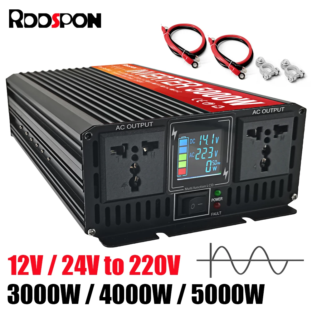 Rddspon reiner Sinus-Wechsel richter 3000W 4000W 5000W Doppels teckdose LCD-Anzeige DC 12V 24V bis