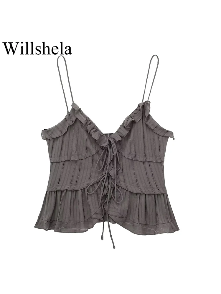 Willshela Women Fashion Grey Pleated Backless Ruffled Cropped Tops Vintage Thin Straps V-Neck Female