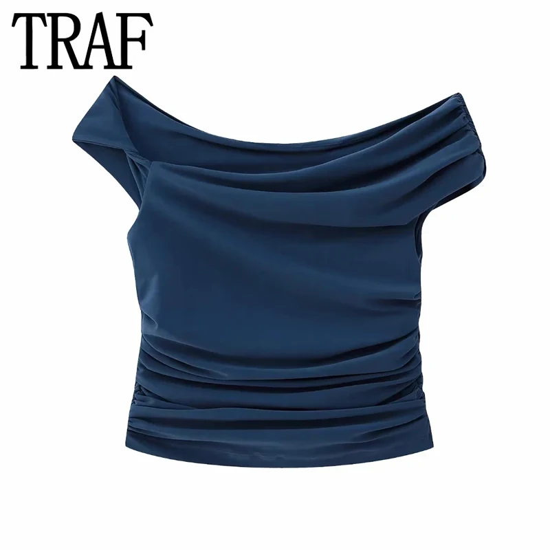 TRAF Pleated Asymmetric Crop Top Women Ruched Off The Shoulder Top Female Sleeveless Sexy Tops Woman