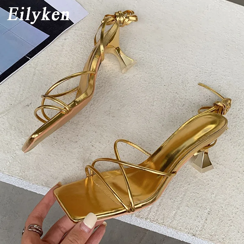 Eilyken Fashion Gold Silver Sandals Thin Low Heel Lace Up Rome Summer Gladiator Women Casual Narrow