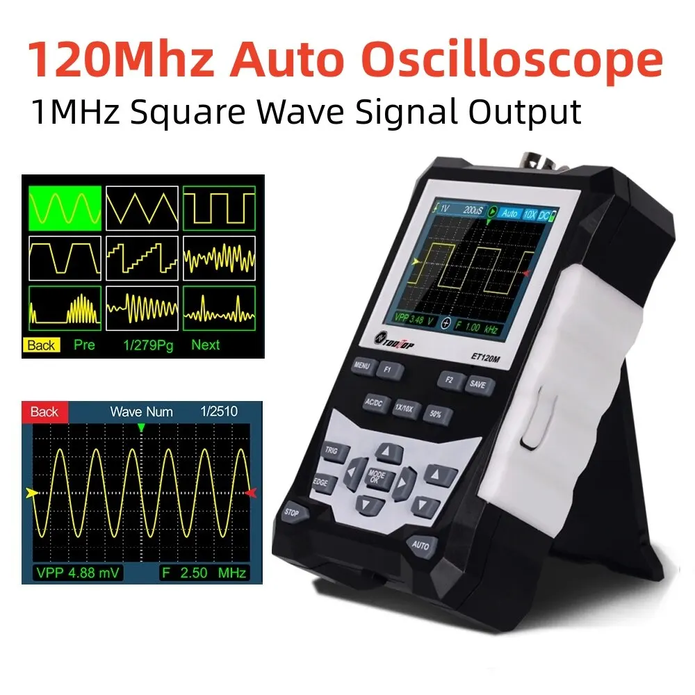 TOOLTOP ET120M 120MHz Handheld Digital Oscilloscope 1Mhz Square Wave Signal Output Auto Oscilloscope