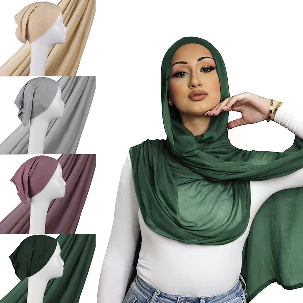 Oversize Light Viscose Rayon Hijab Scarf with Jersey Inner Caps Shawl Thin Plain Bonnet Hijabe Femme