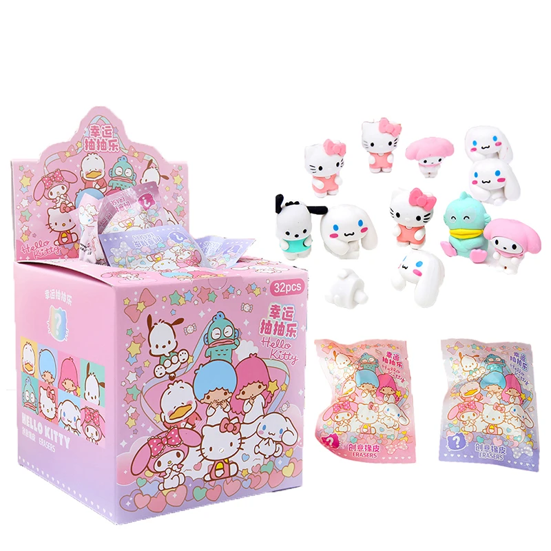 32Pcs/Box Sanrio Doll Pencil Eraser Gift Box Hello Kitty Melody Pochacco Erasers Mystery Box Student