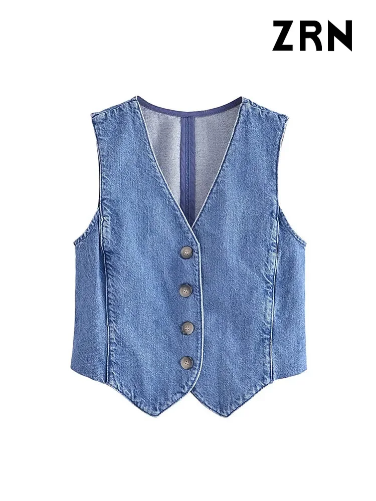 ZRN Women Fashion Front Button Denim Waistcoat Vintage V Neck Sleeveless Female Outerwear Chic Vest