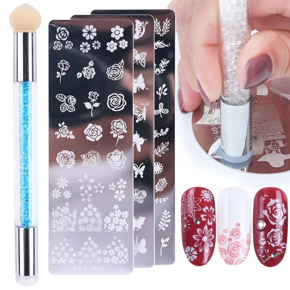 Nail Stamping Plates Set Silicone Stamper Brush Nail Art Stamp Polish Transfer Stencils Flower