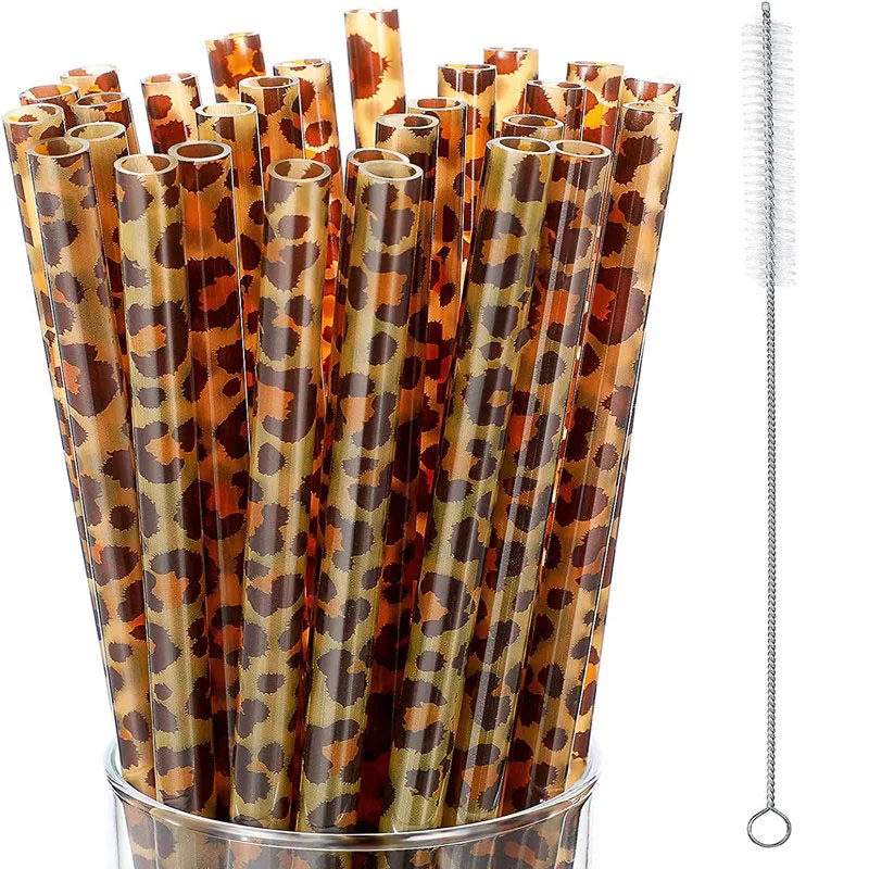 10/20pcs Leopard Plastic Straws Hard Plastic Reusable Straws with Cleaning Brush for Tumbler Cup