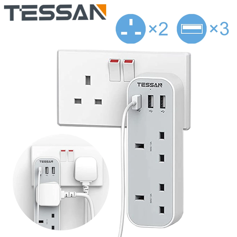 TESSAN 2/3 Way Plugs Extension Multi Sockets with 3 USB Ports(5V/2.4A)Wall Charger Adapter, 13A UK