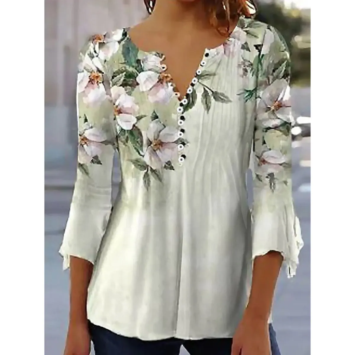 Summer Women's V-Neck Button T-Shirt Street New Fashion Loose Seven-Point Sleeve Shirt 3D Printed