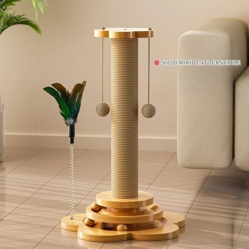 Pet Cat Toy Solid Wood Cat Turntable Funny Cat Stick  Balls Durable Sisal Scratching Board Cat