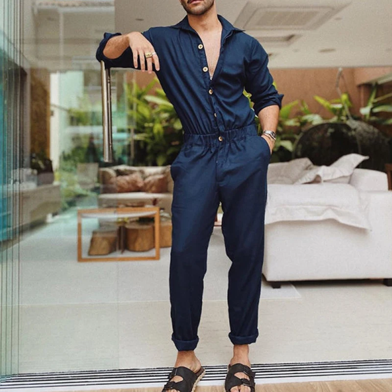 2023 Men Solid Color Jumpsuit Playsuit  Buttons Casual Cargo Clothes Overalls Turn Down Collar Long