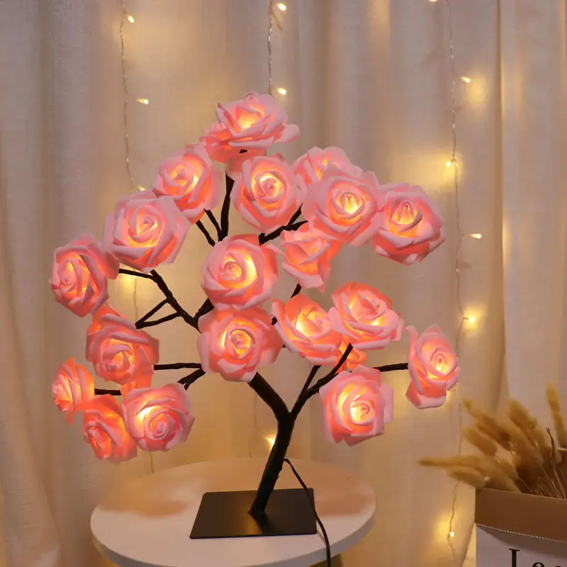 24 LED Rose Tree Lights USB Plug Table Lamp Fairy Flower Night Light For Home Party Christmas
