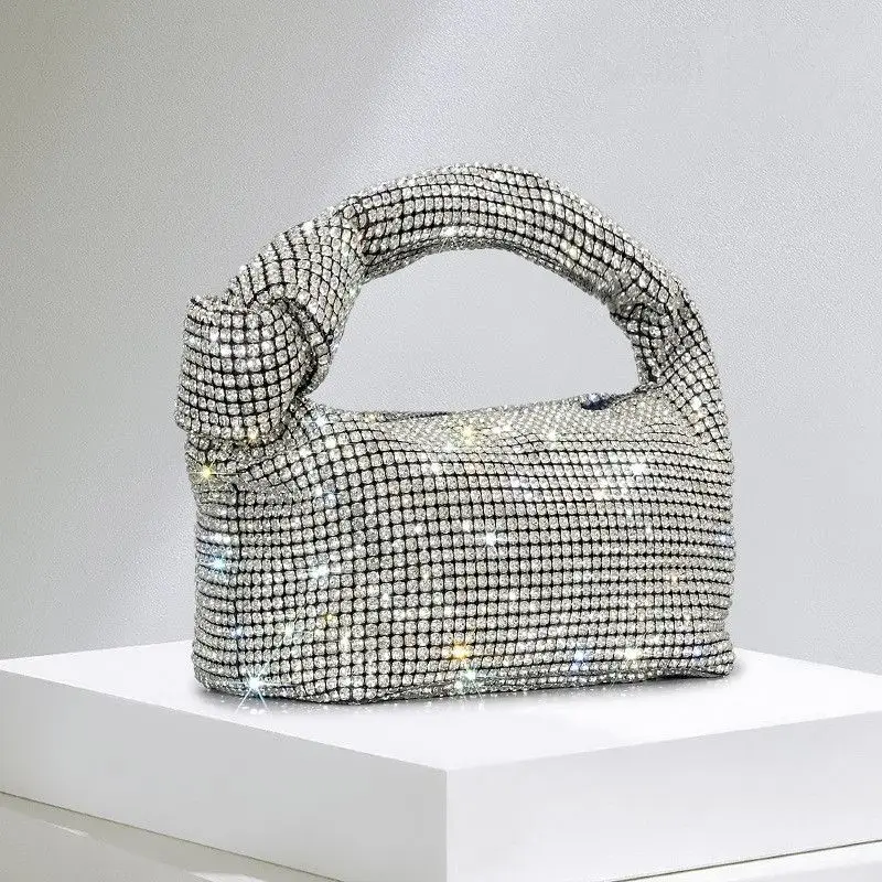 Handle Rhinestones Knot Evening Bags Silver Crystal Top Handle Bag for Women Purses and Handbags